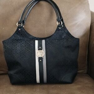 Tommy Hilfiger Tote Handbag Purse Mid Size Geometric Black Gold Grey